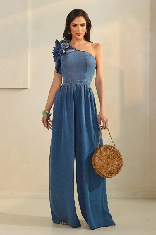 Women's Denim One Shoulder Corsage Jumpsuit