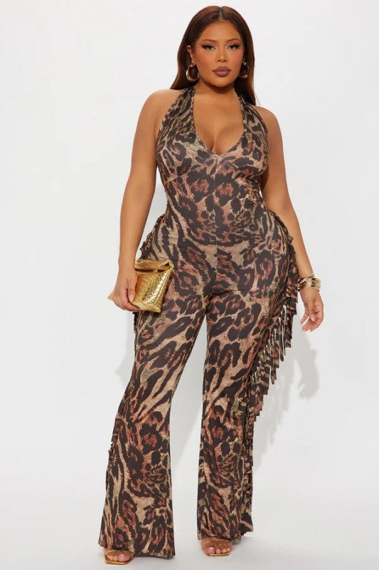 Women's Plus Size Leopard Halter Fringe Jumpsuit