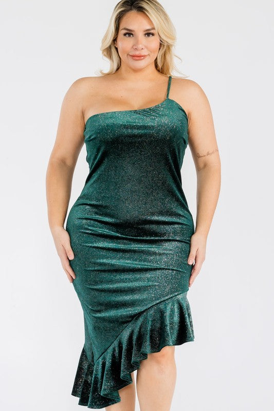 Plus Size One Shoulder Glitter Velvet Dress