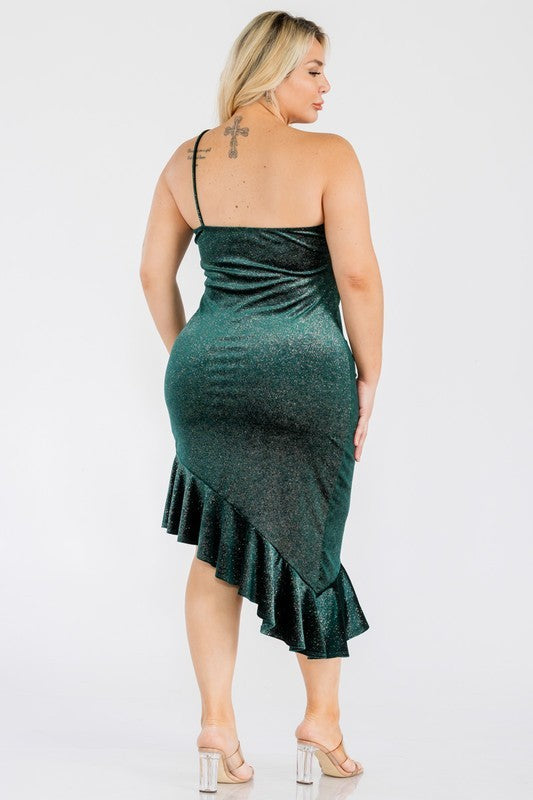 Plus Size One Shoulder Glitter Velvet Dress