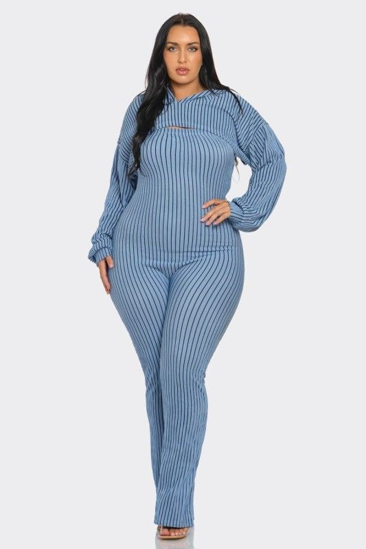 Plus Size Striped Hoodie Shrug and Jumpsuit Set