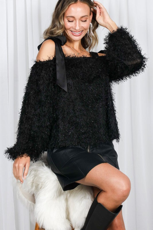Satin Shoulder Strap Faux Feather Fur Top
