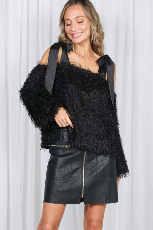 Satin Shoulder Strap Faux Feather Fur Top