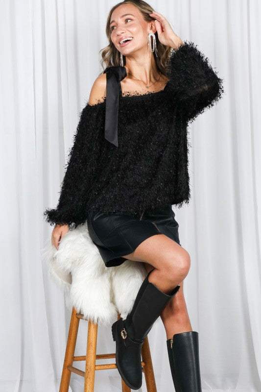 Satin Shoulder Strap Faux Feather Fur Top