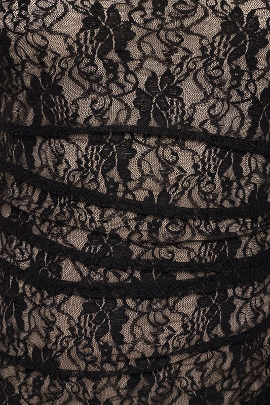 Plus Size Black Nude Ruched Lace Dress