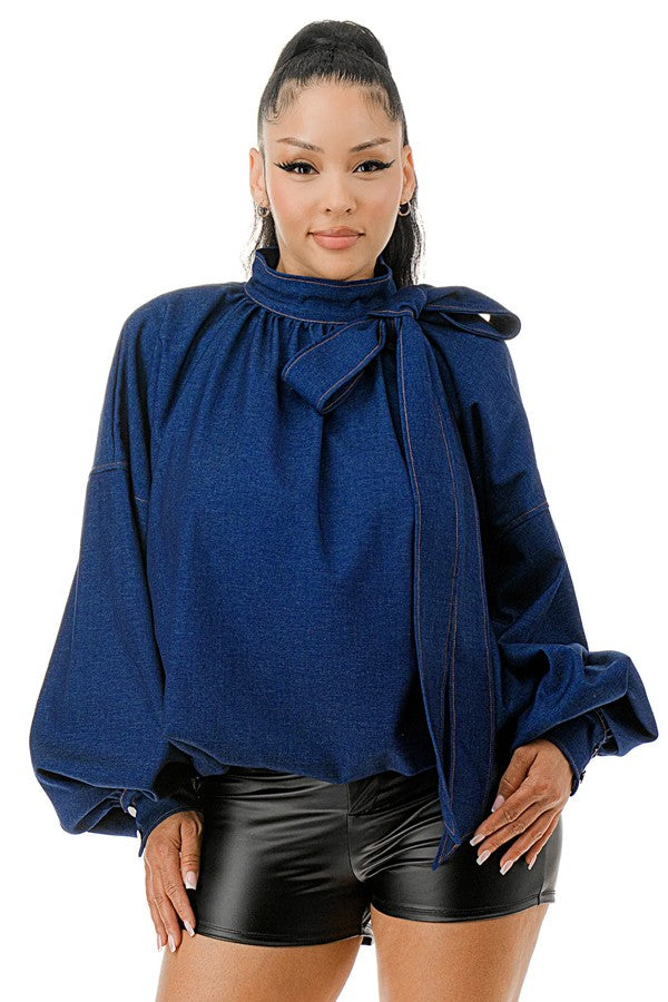 Bubble Hem Denim Blouse Top