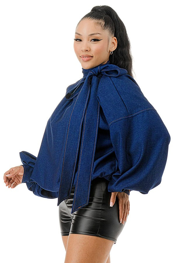 Bubble Hem Denim Blouse Top