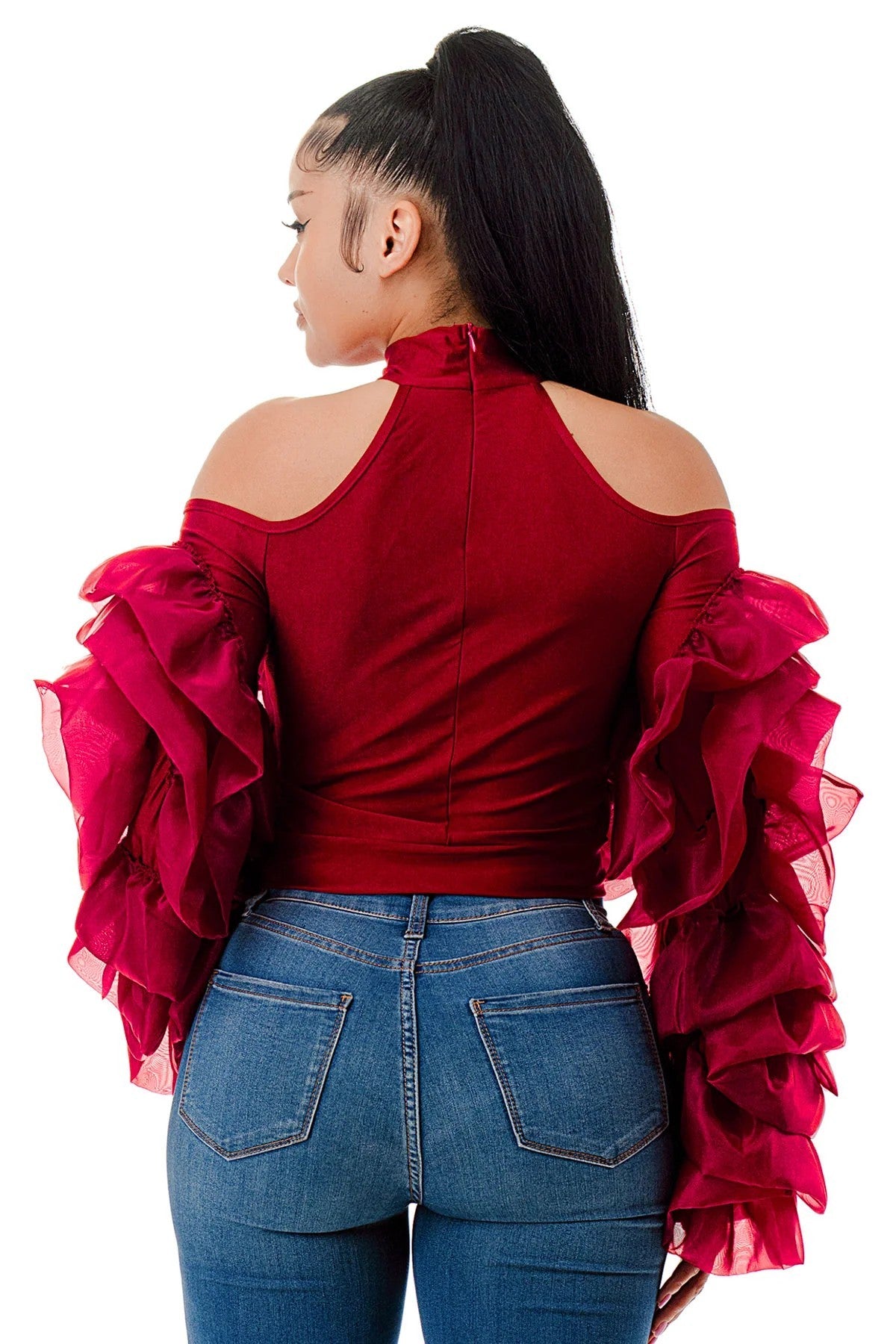 Plus Size Cold Shoulder Ruffles Crop Blouse Top