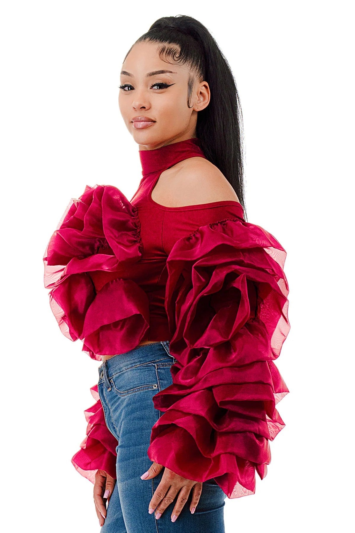 Plus Size Cold Shoulder Ruffles Crop Blouse Top
