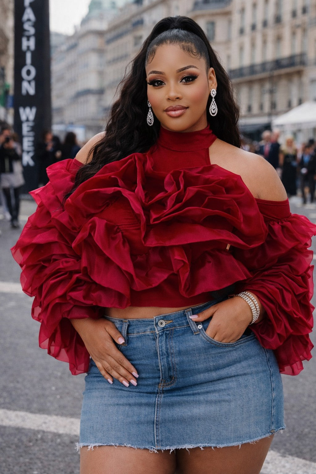 Plus Size Cold Shoulder Ruffles Crop Blouse Top