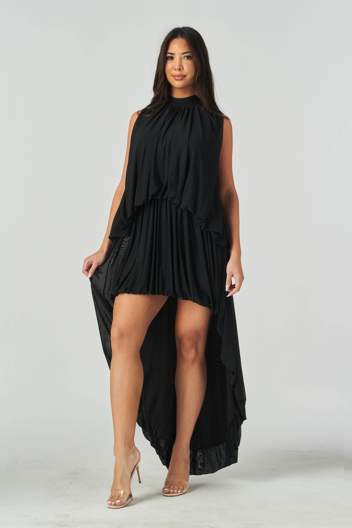 Women's Hi-low Sleeveless Mesh Dress with Full Lining