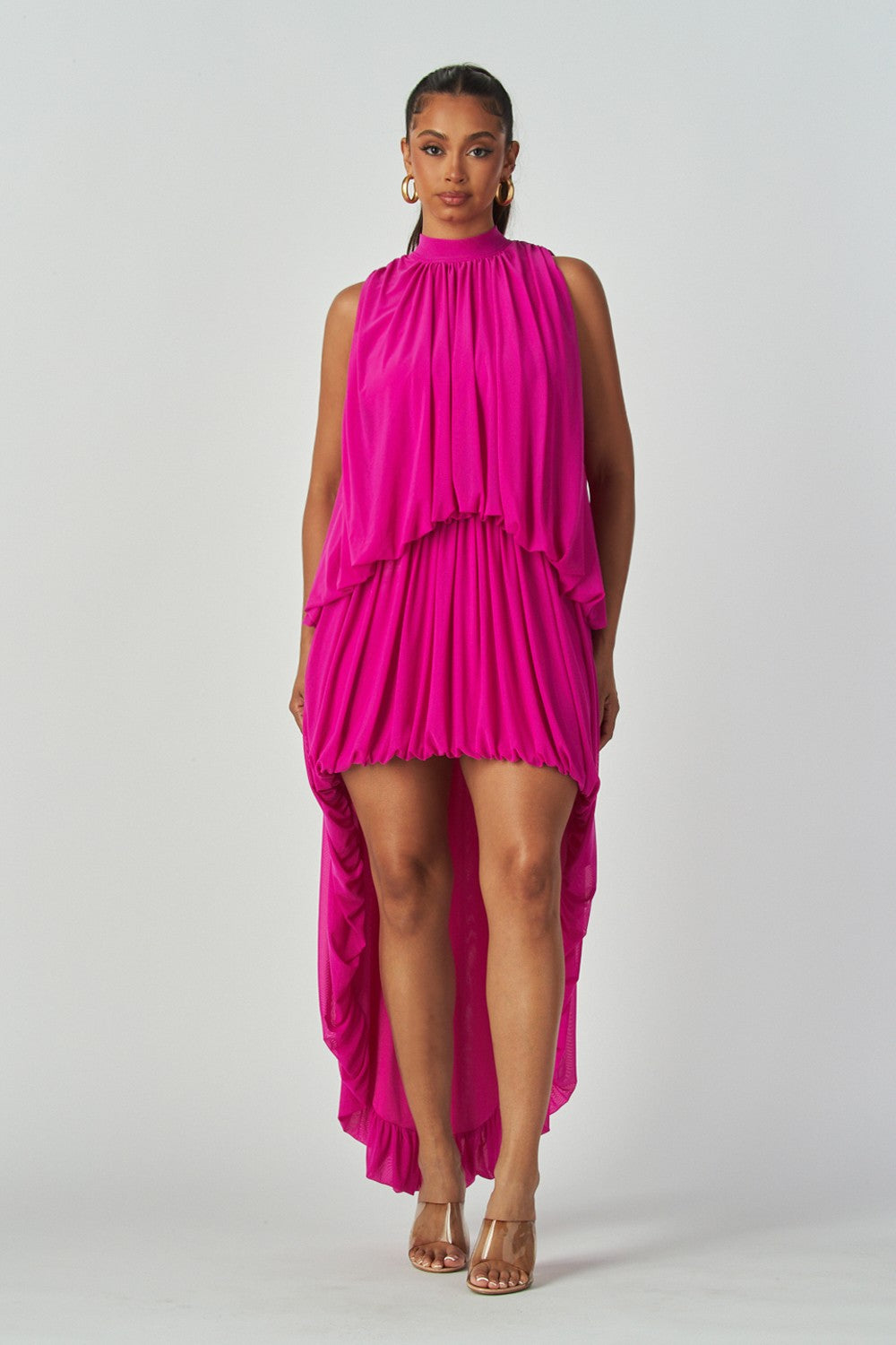 Women's Pink Hi-low Sleeveless Mesh Dress with Full Lining