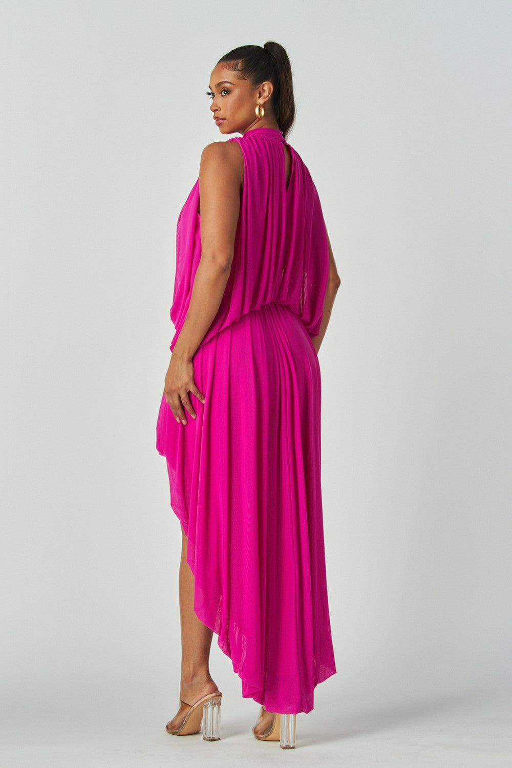 Women's Pink Hi-low Sleeveless Mesh Dress with Full Lining