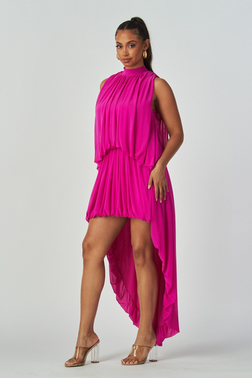 Women's Pink Hi-low Sleeveless Mesh Dress with Full Lining