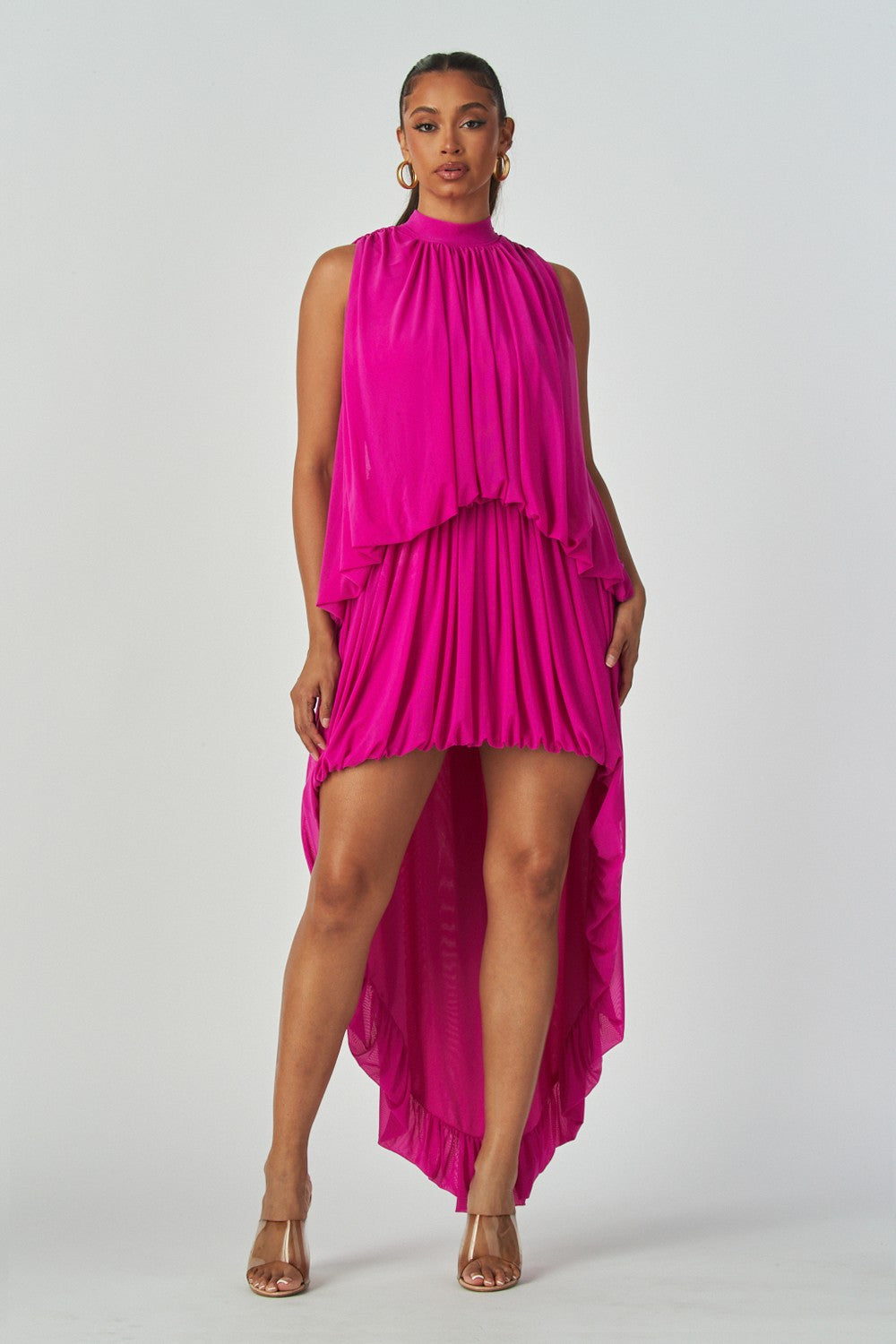 Women's Pink Hi-low Sleeveless Mesh Dress with Full Lining
