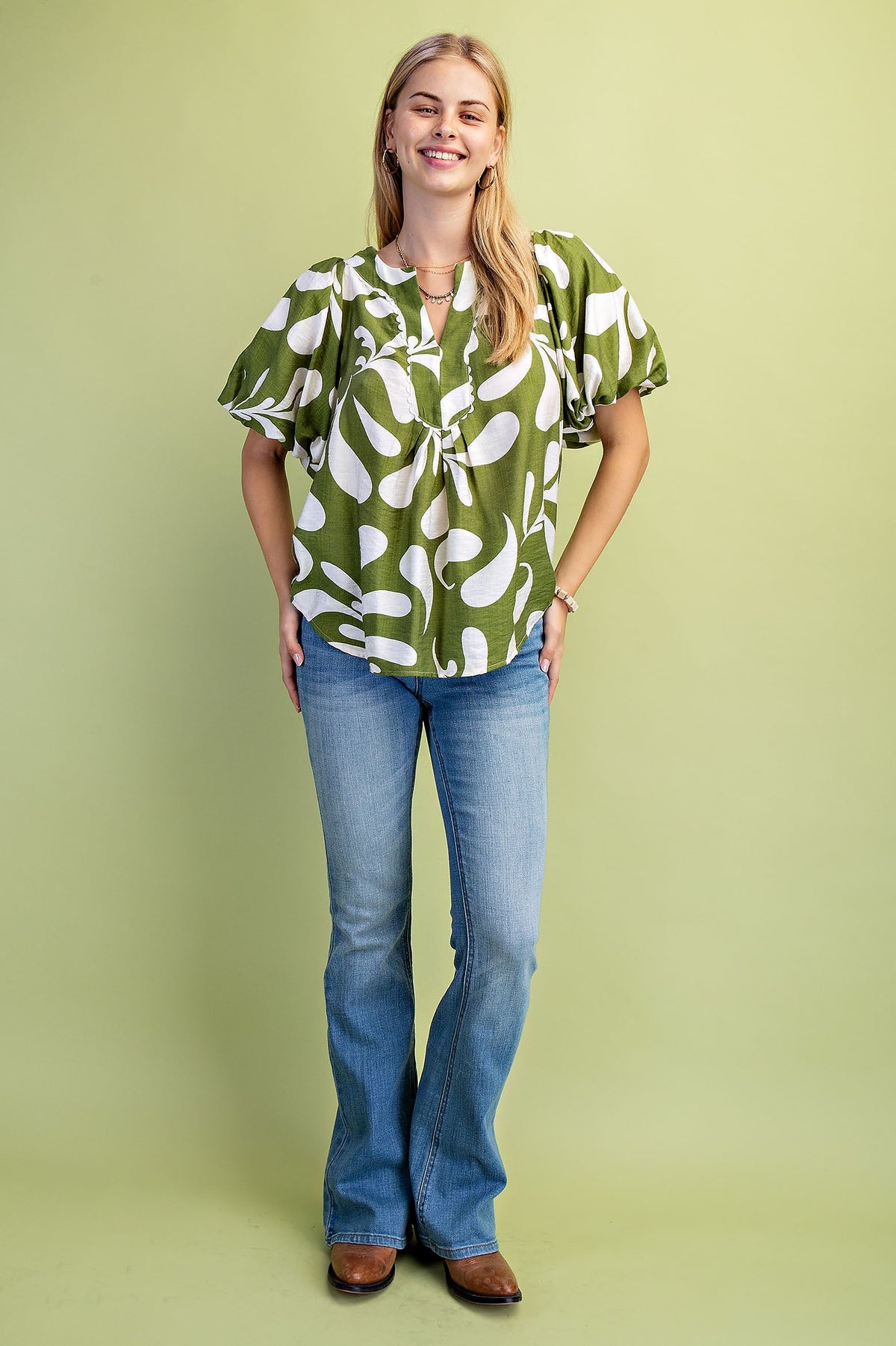Plus Size Printed Slit Neck Top
