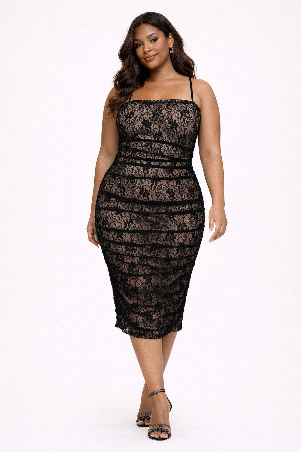 Plus Size Black Nude Ruched Lace Dress