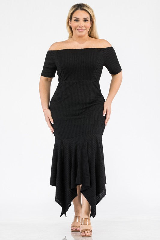 Plus Size Knit Off the Shoulder Shark Bite Hem Dress