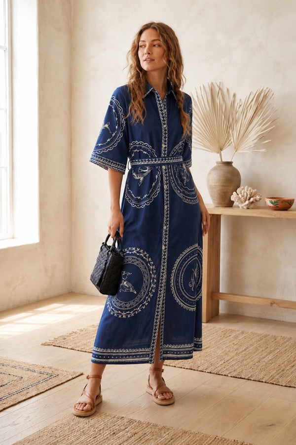 Printed Waist Tie Shirt Dress