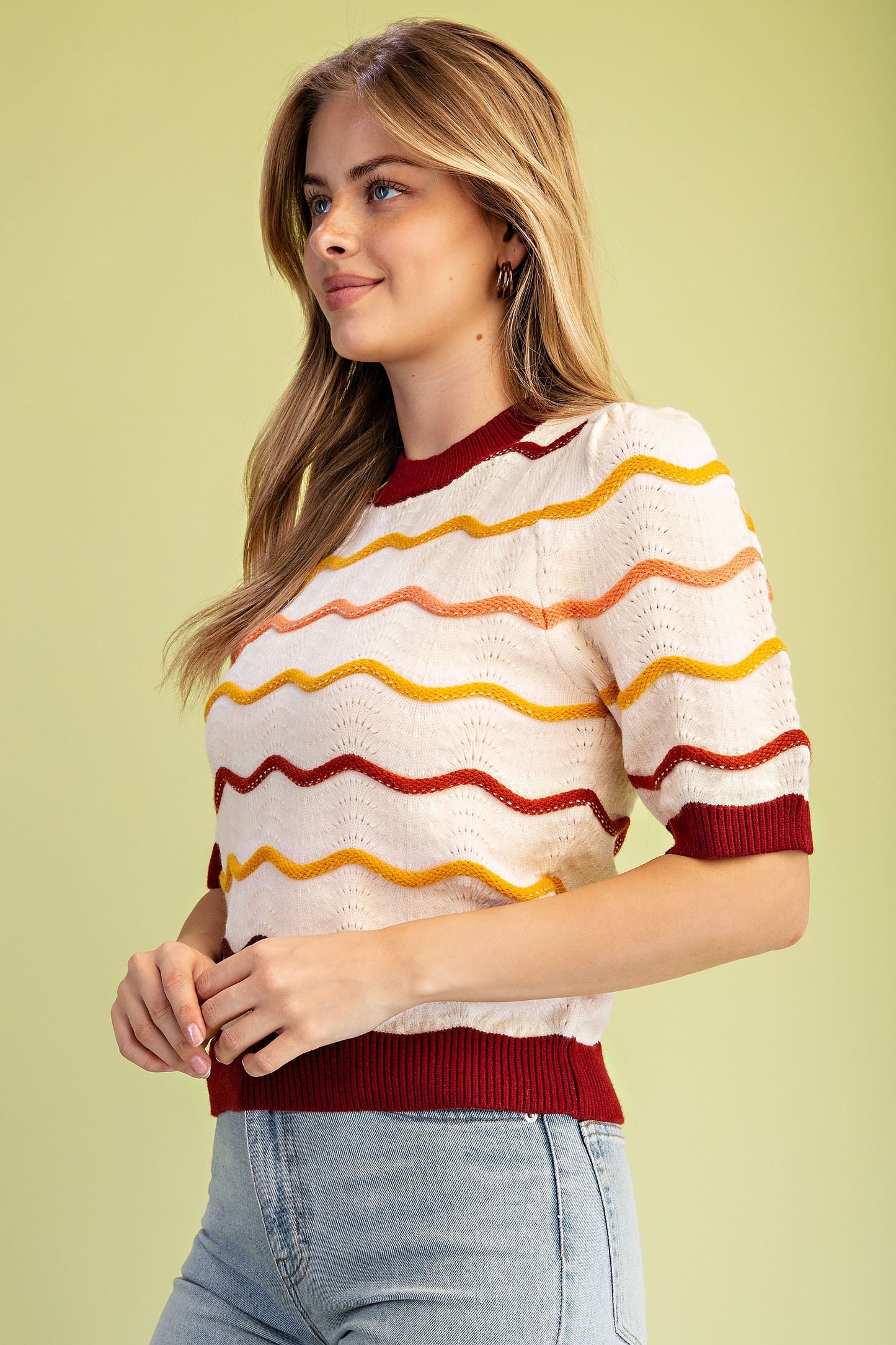 Pointelle Knit Short Sleeve Sweater