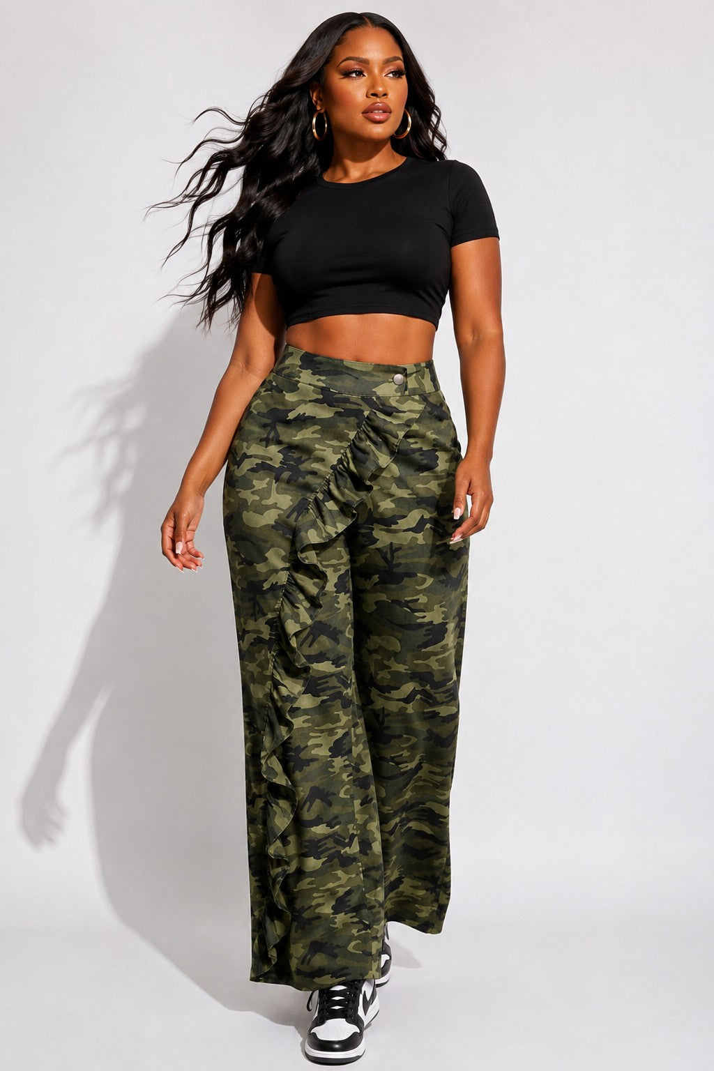 Camo Wide-leg Diagonal Ruffle Detail Pants