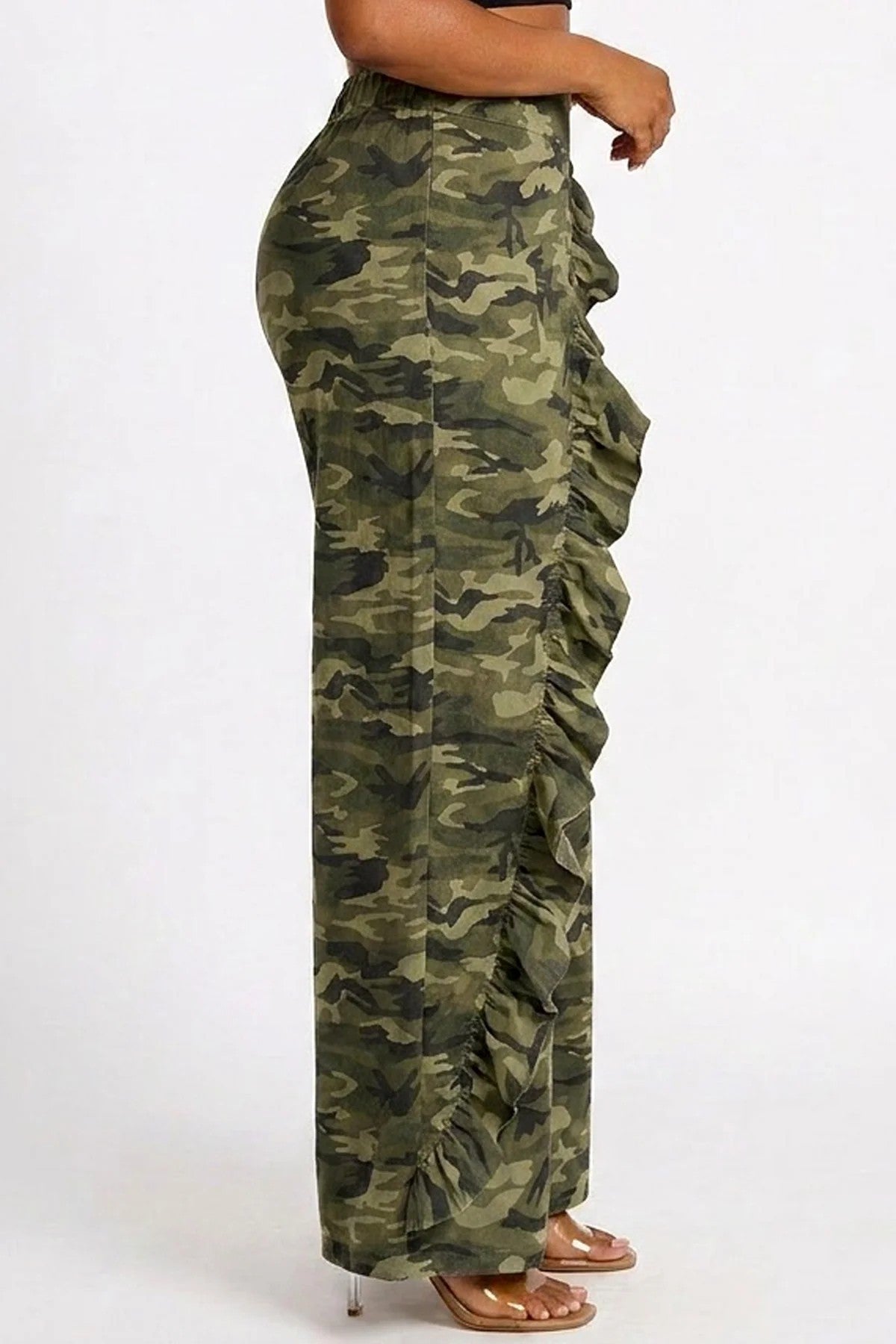Camo Wide-leg Diagonal Ruffle Detail Pants