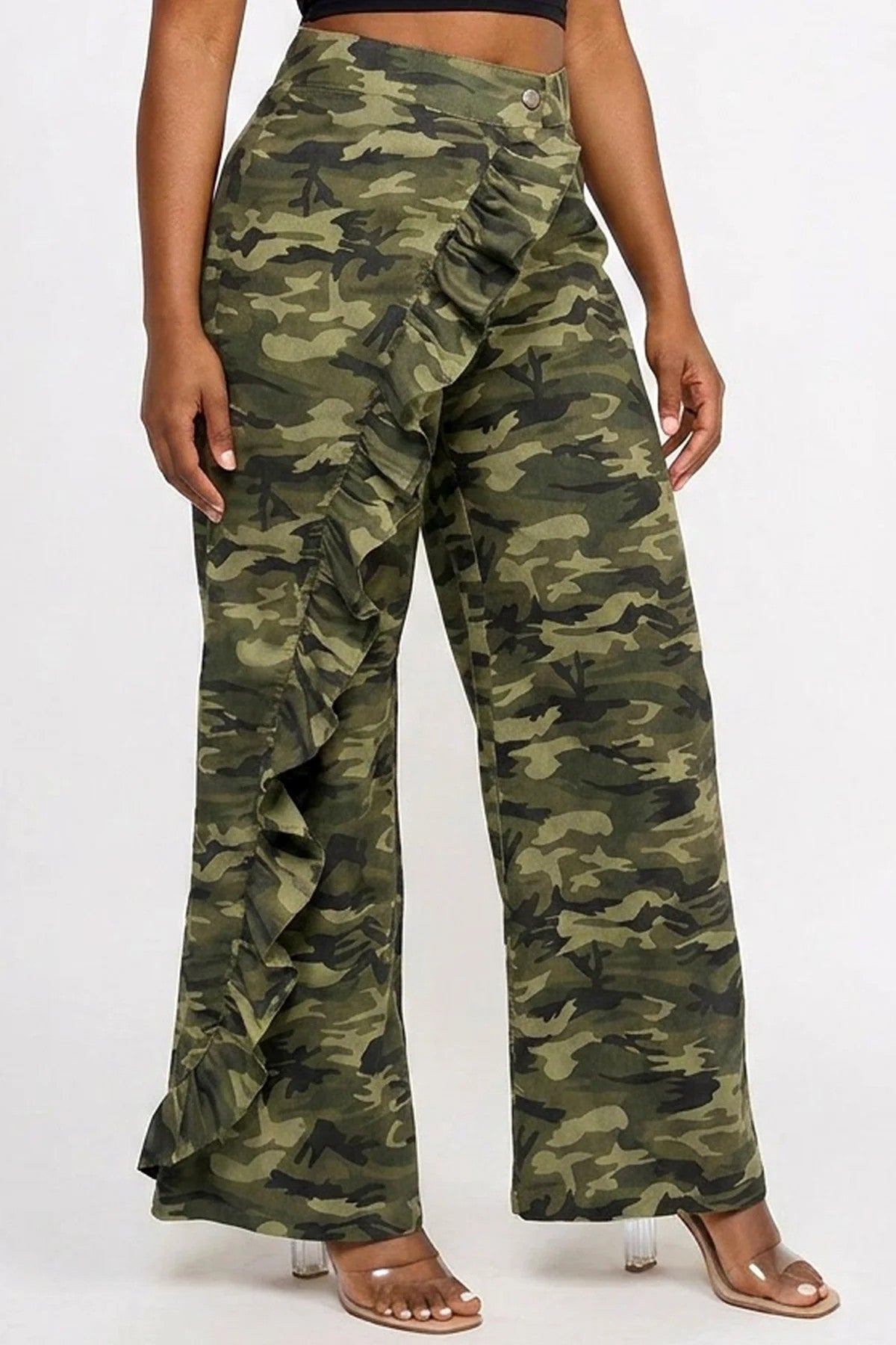 Camo Wide-leg Diagonal Ruffle Detail Pants