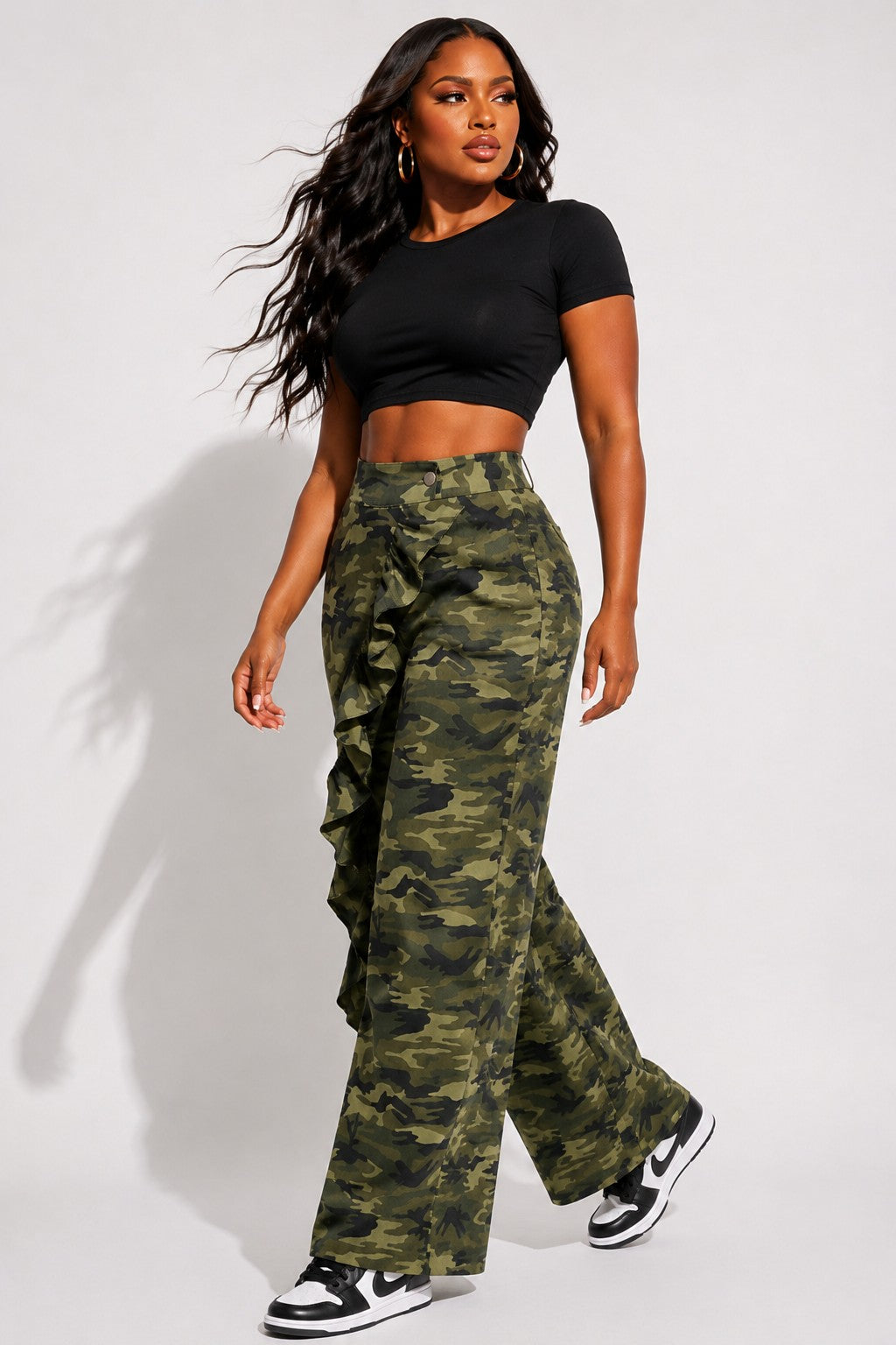 Camo Wide-leg Diagonal Ruffle Detail Pants