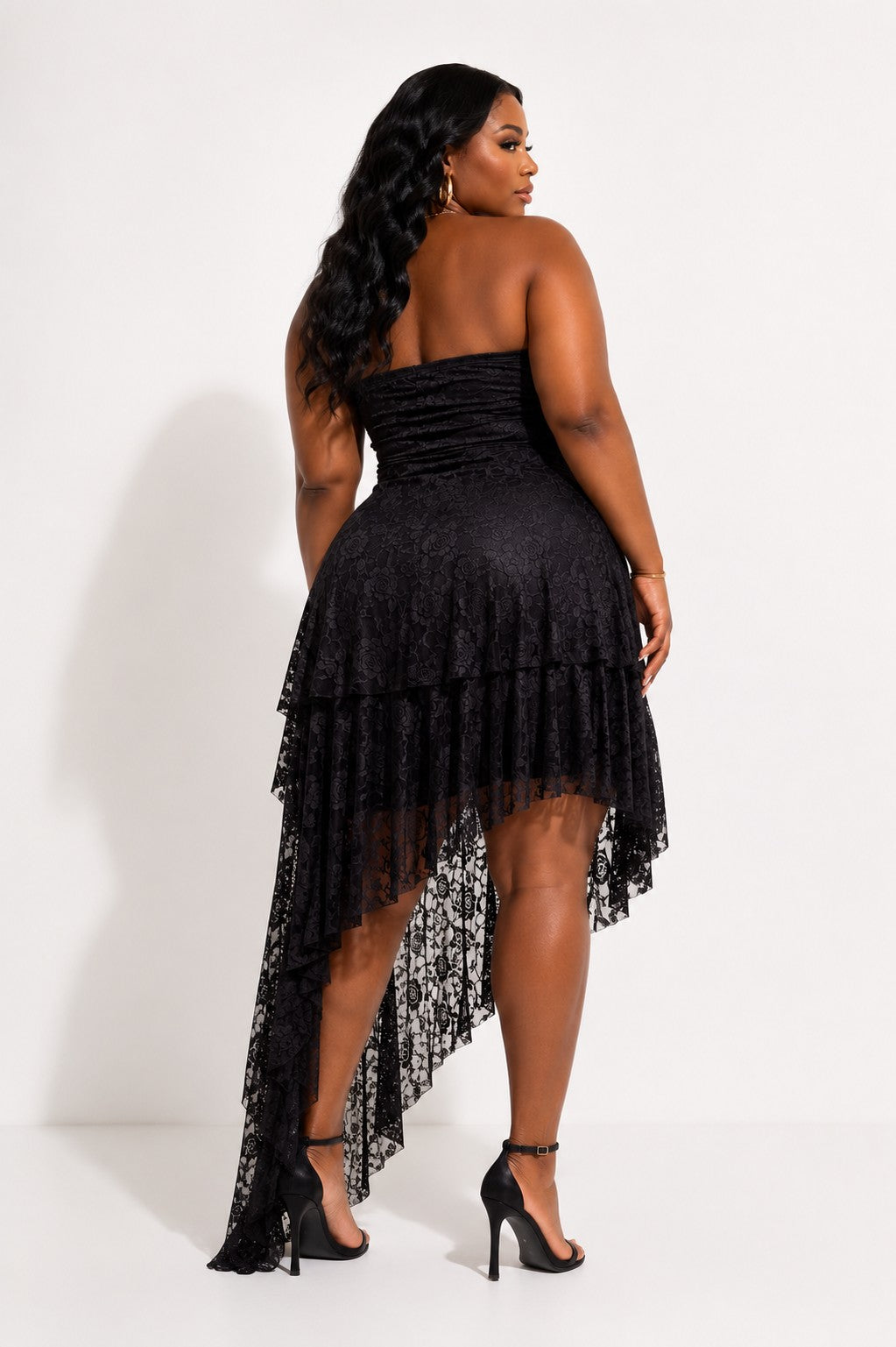 Plus Size Tube Lace Asymmetrical Tiered Ruffle Hem Midi Dress