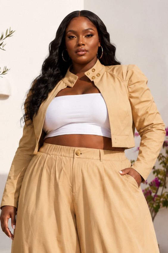 Plus Size Puff High Neck Long Sleeve Open Front Crop Jacket