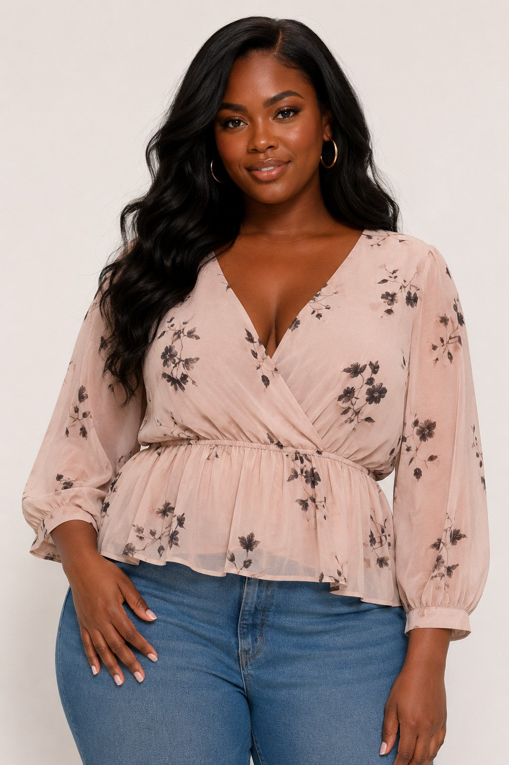 Plus Size Floral Print 3/4 Sleeve Top