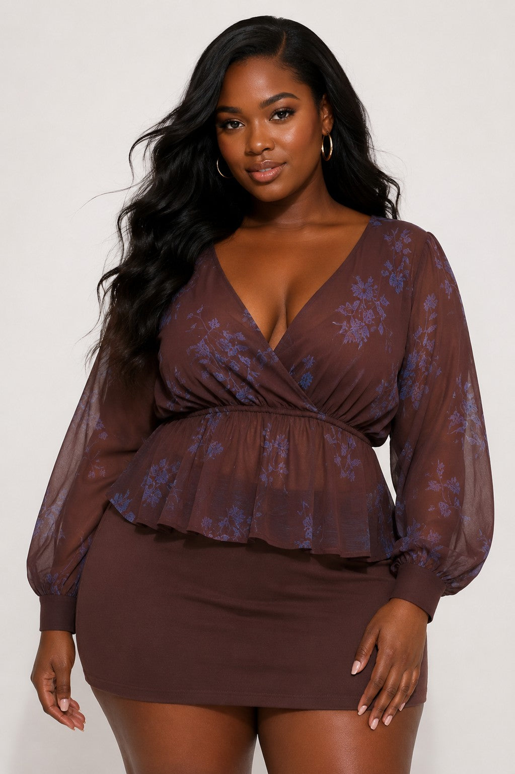 Plus Size Floral Print 3/4 Sleeve Top