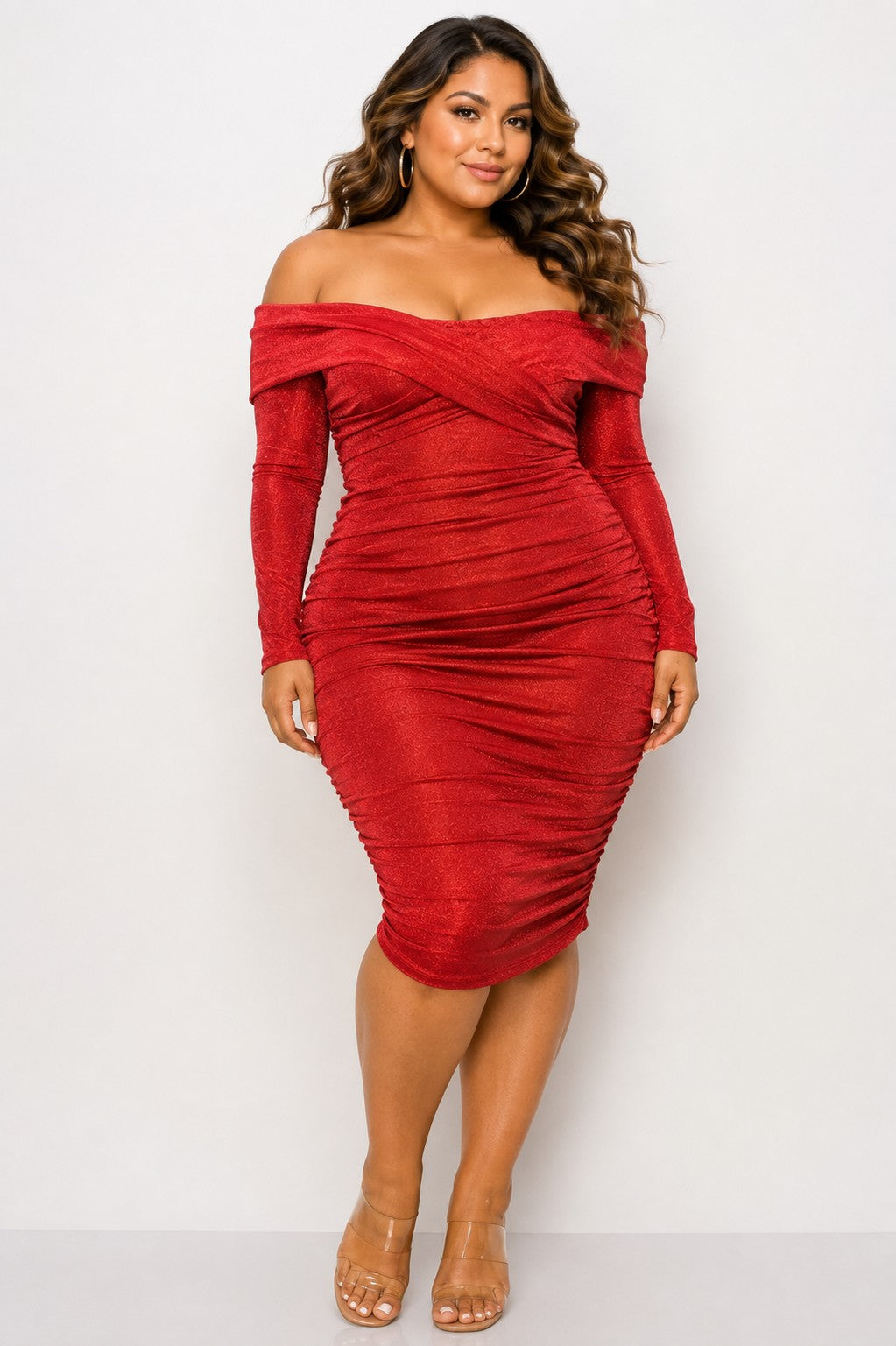 Plus Off Shoulder Cross Shoulder Lurex Midi Dress