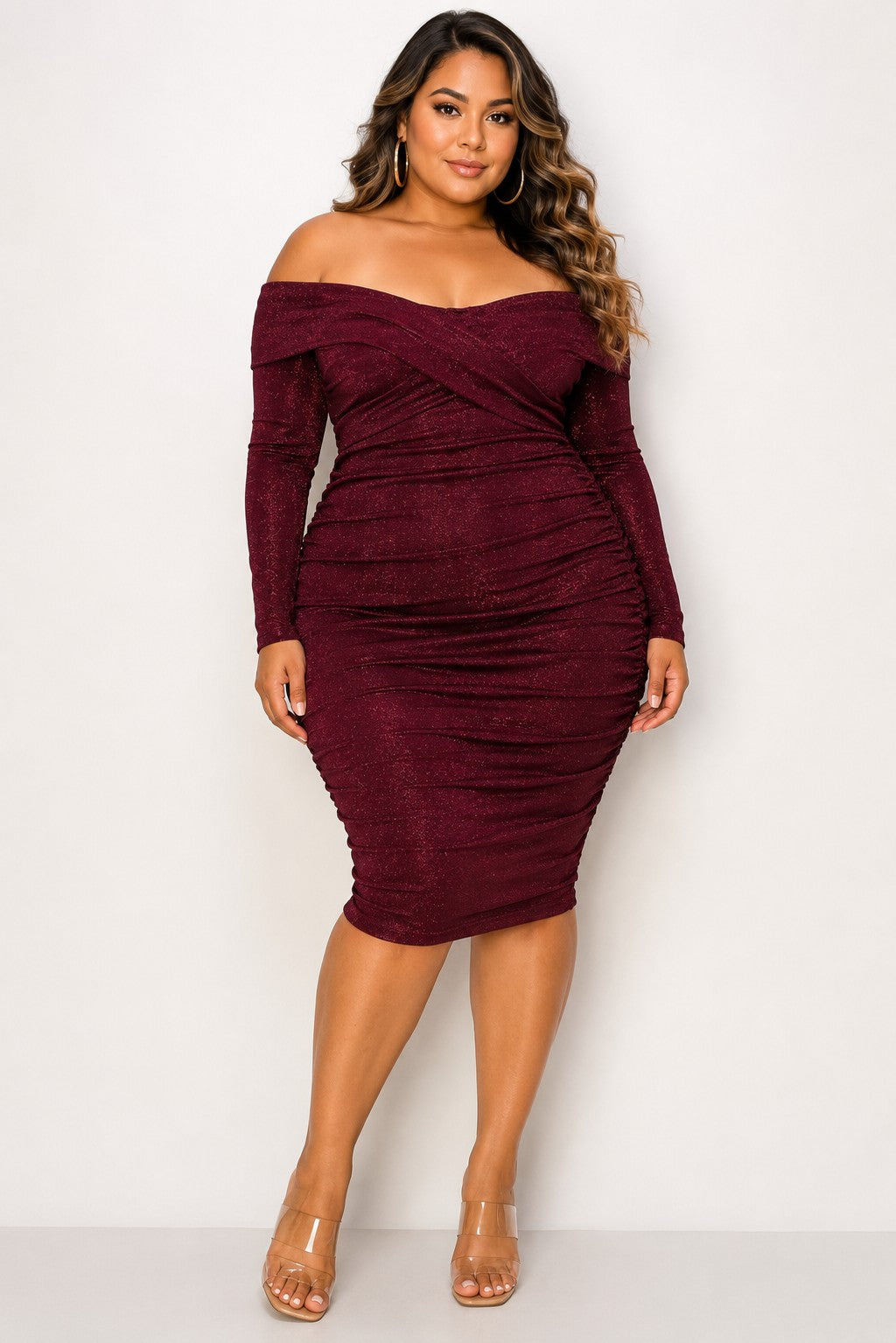 Plus Off Shoulder Cross Shoulder Lurex Midi Dress