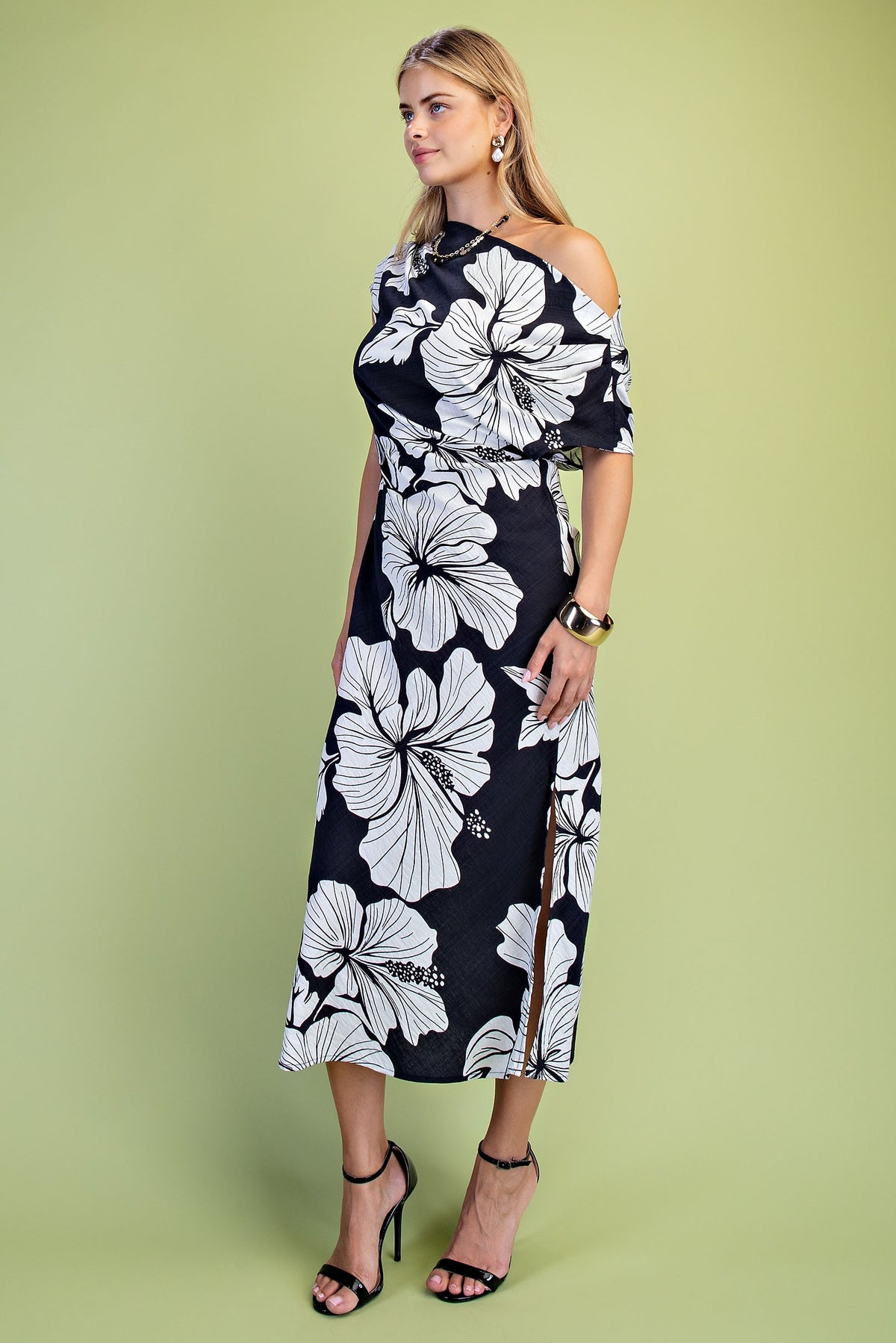 Hibiscus Print Draped Asymmetric Maxi Dress
