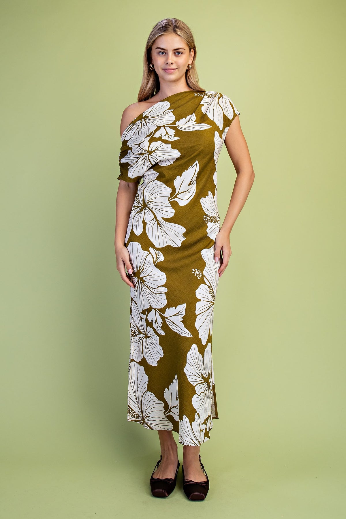 Hibiscus Print Draped Asymmetric Maxi Dress