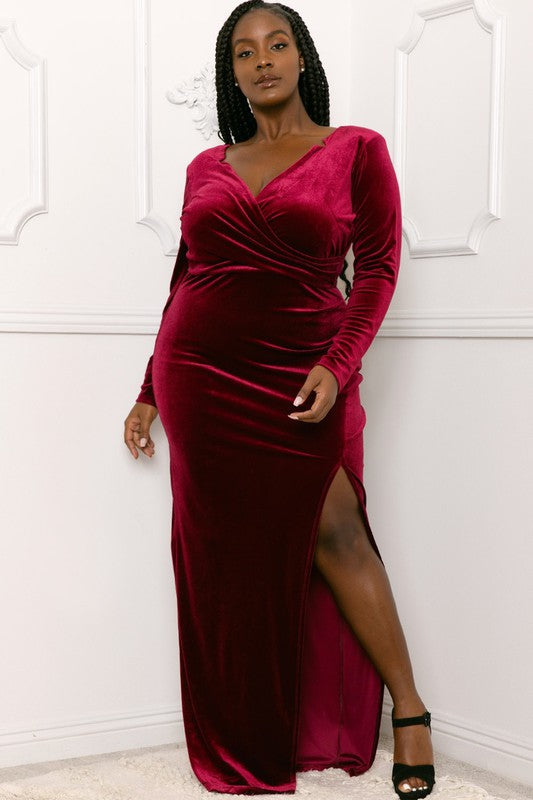 Plus Size Velvet Surplice Slit Maxi Dress