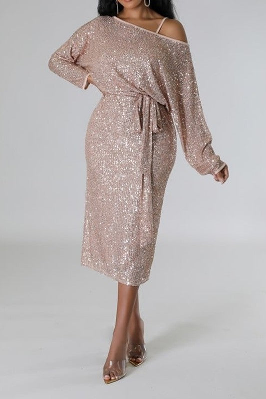 Sequin Off-Shoulder Dress Set with Self-Tie Strap