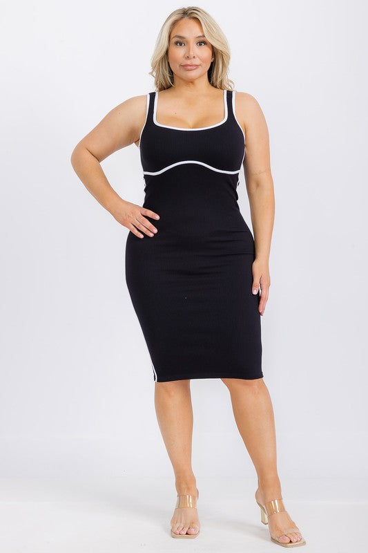 Plus Size Seamless Scoop Neck Contrast Trim Bodycon Dress