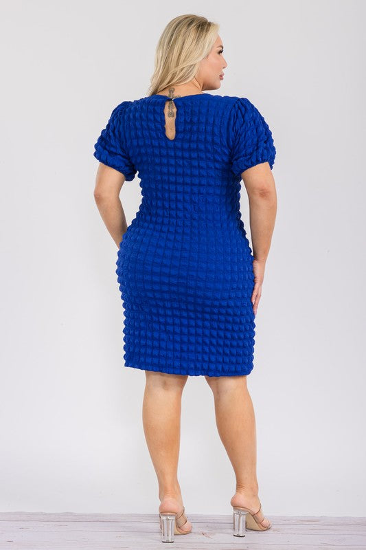 Plus Size Round Neck Puff Sleeve 3D Textured Bubble Dress