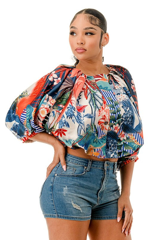 Plus Size Clothing Round Neck Balloon Short Sleeve Front Zip Bubble Cropped Top