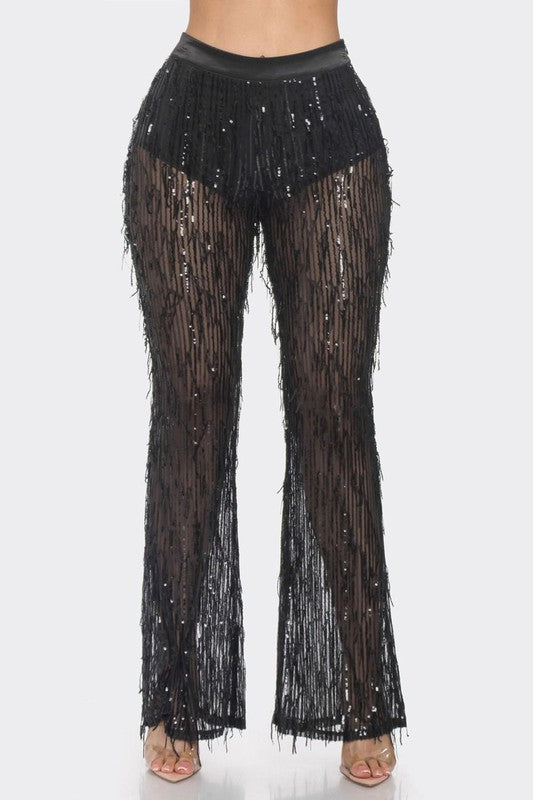 High Waisted Sheer Sequin Wide Leg Pants