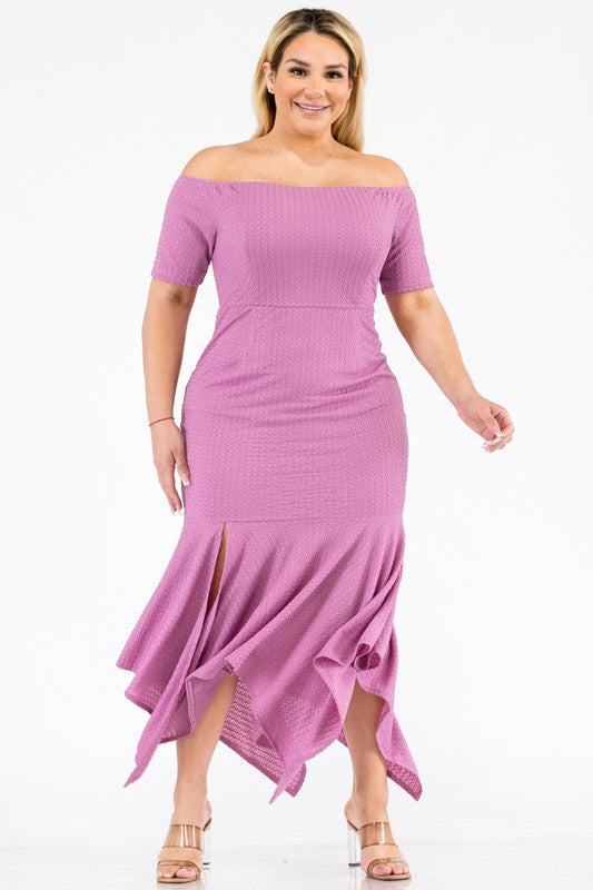 Plus Size Knit Off the Shoulder Shark Bite Hem Dress