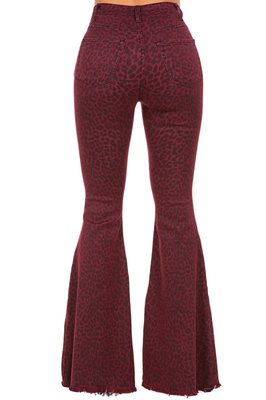 Leopard Bell Bottom Jean in Burgundy