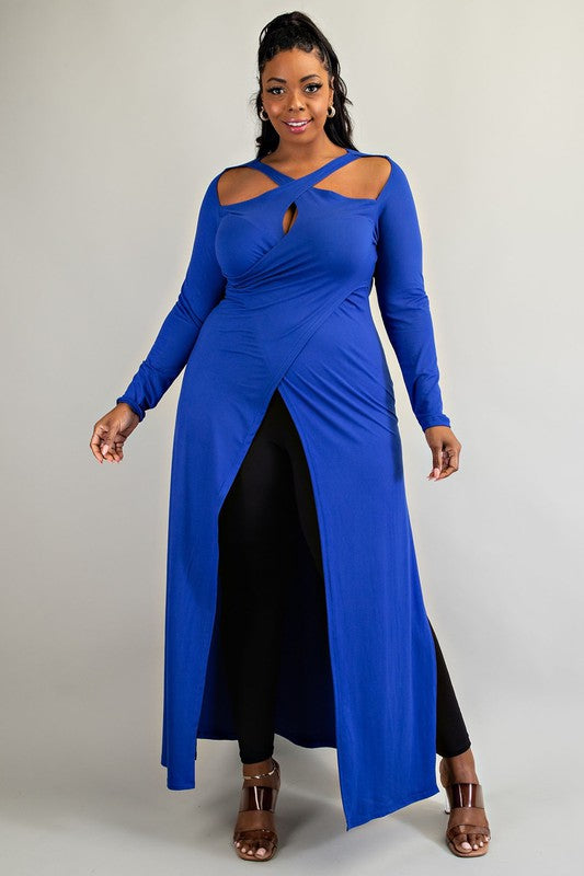 Plus Size Criss Cross Keyhole Cutout Long Sleeve Maxi Top