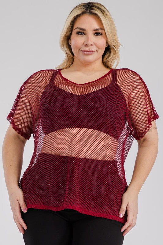 Plus Size Rhinestone Mesh Fishnet Short Sleeve Top