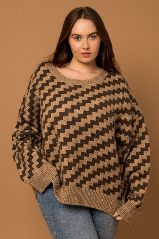 Plus Size Zig Zag Stripe Long Sleeve Knit Sweater
