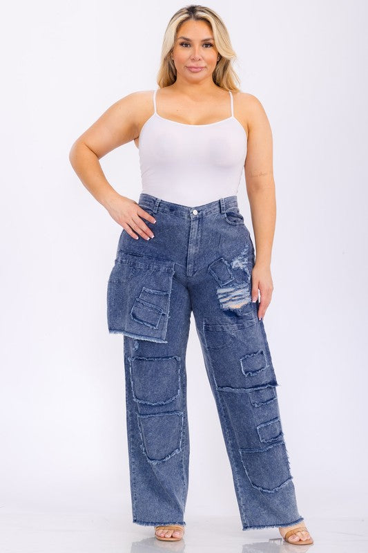 Plus Size Distressed Patchwork Pocket Wide Leg Denim Pants