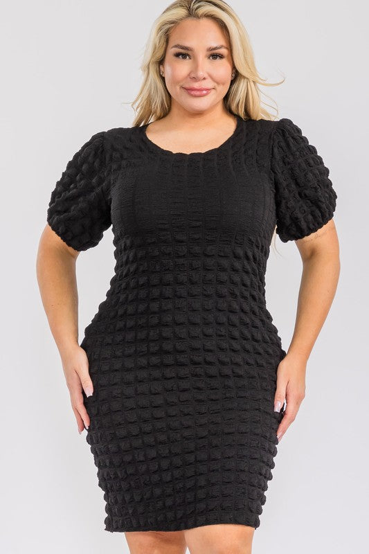 Plus Size Round Neck Puff Sleeve 3D Textured Bubble Dress