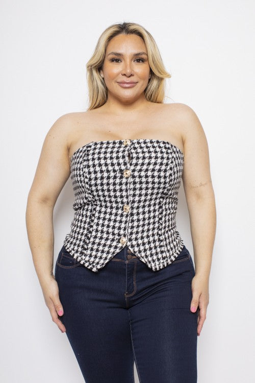 Plus Size Tweed Houndstooth Button Down Fitted Corset Top